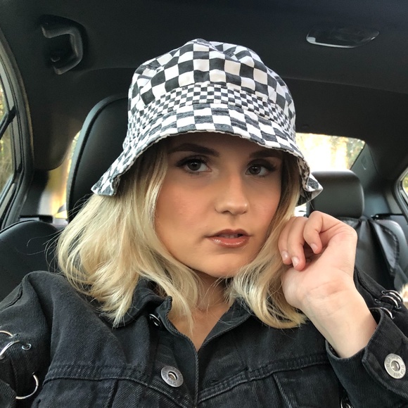 black and white checkered bucket hat